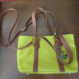 Valentina Yellow Leather Tote with Brown Trim